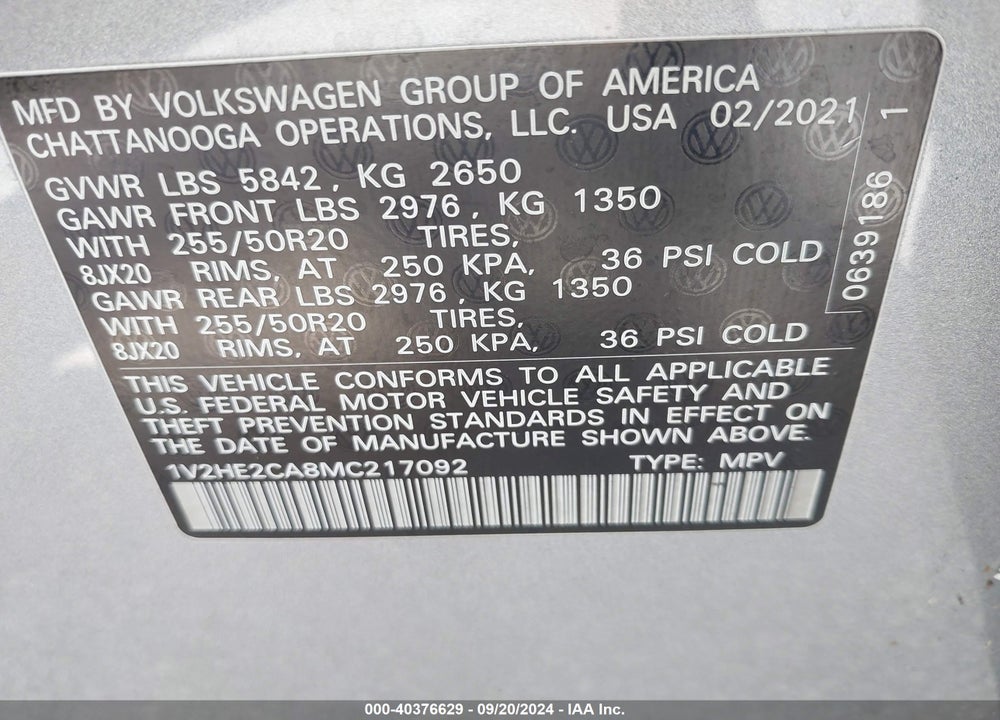 2021 VOLKSWAGEN ATLAS CROSS SPORT 3.6L V6 SE W/TECHNOLOGY VIN: 1V2HE2CA8MC217092