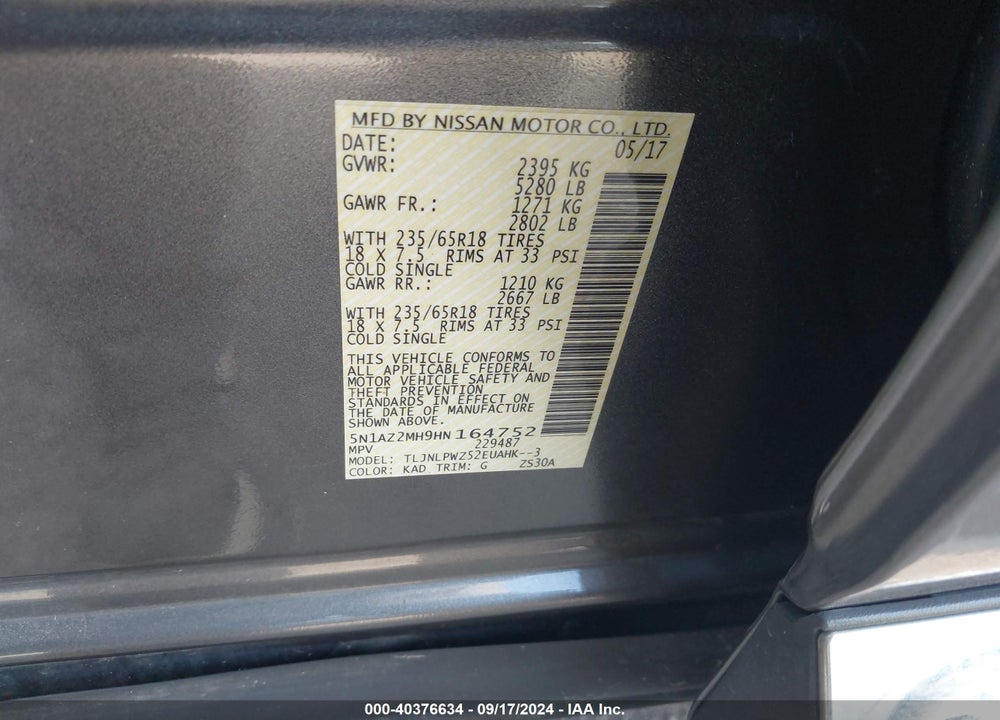2017 NISSAN MURANO S VIN: 5N1AZ2MH9HN164752