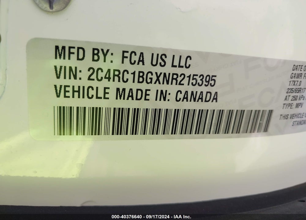 2022 CHRYSLER PACIFICA TOURING L VIN: 2C4RC1BGXNR215395