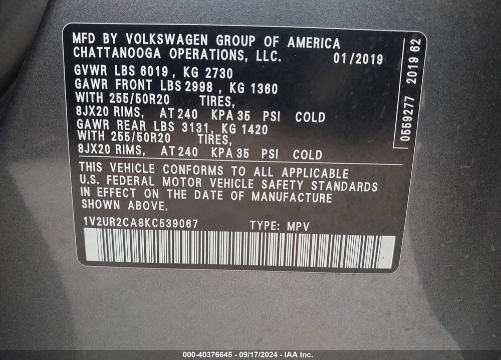 2019 VOLKSWAGEN ATLAS 3.6L V6 SE W/TECHNOLOGY VIN: 1V2UR2CA8KC539067