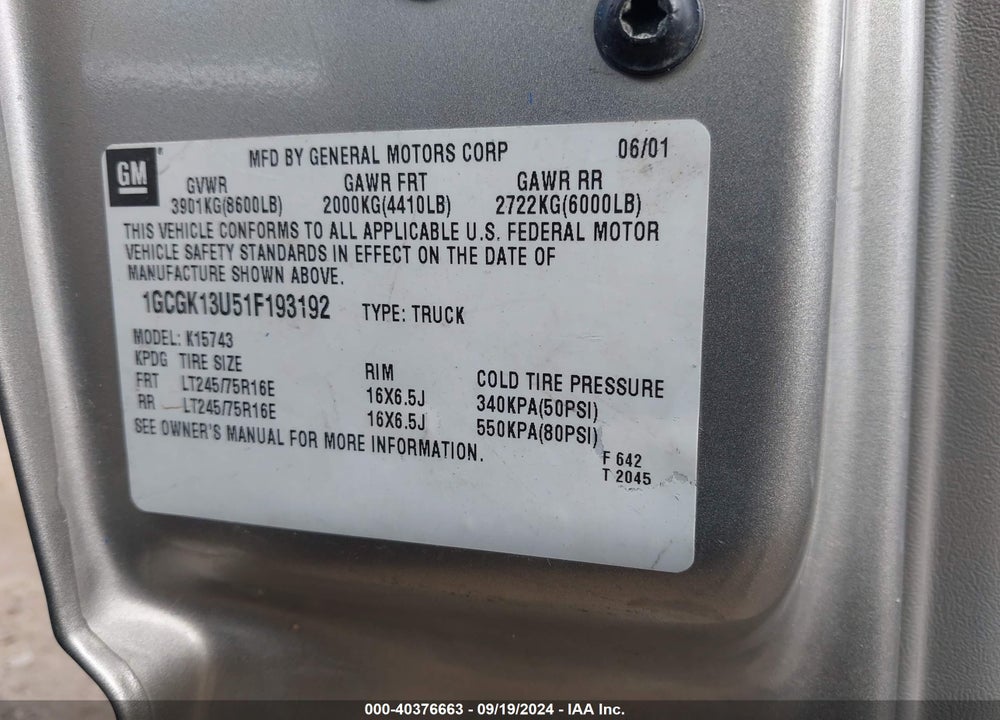 2001 CHEVROLET SILVERADO 1500HD LT VIN: 1GCGK13U51F193192