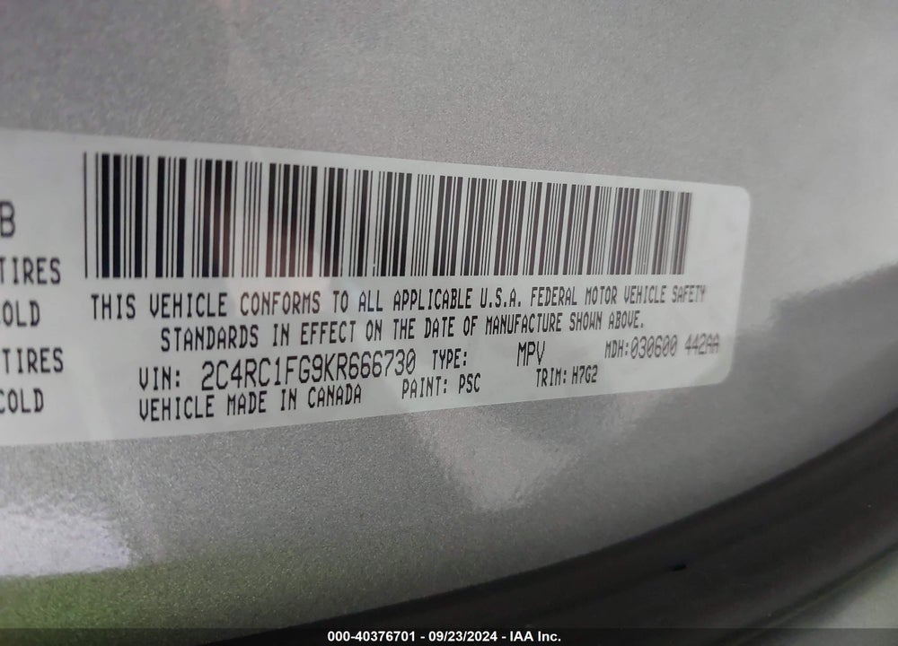 2019 CHRYSLER PACIFICA TOURING PLUS VIN: 2C4RC1FG9KR666730