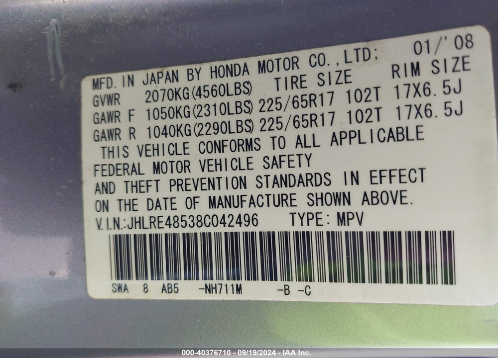 2008 HONDA CR-V EX VIN: JHLRE48538C042496