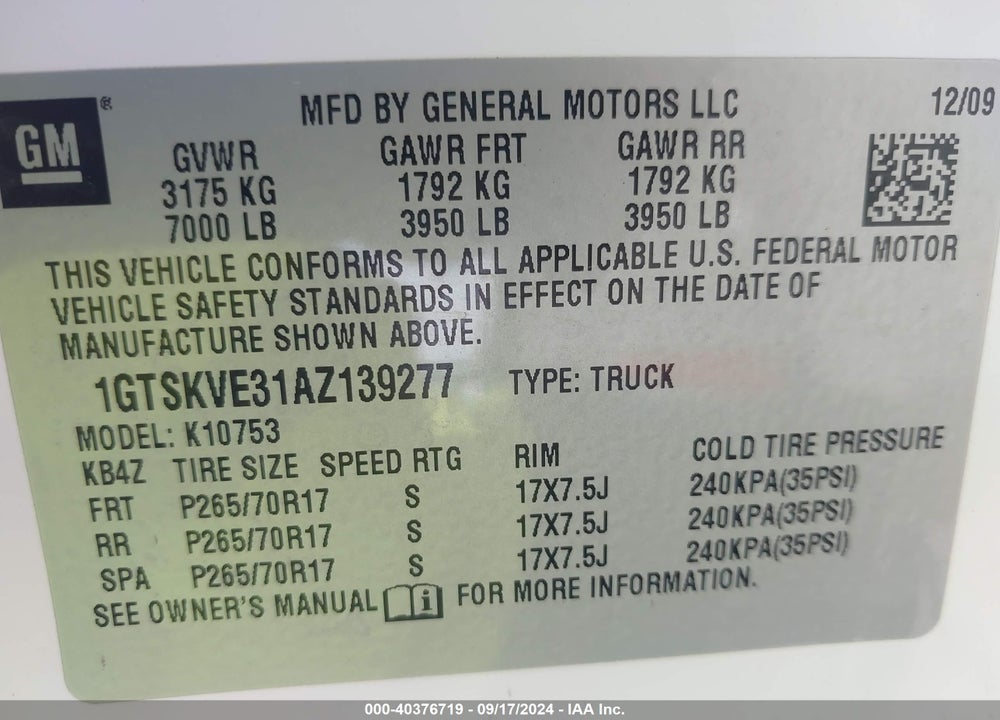 2010 GMC SIERRA 1500 SLE VIN: 1GTSKVE31AZ139277