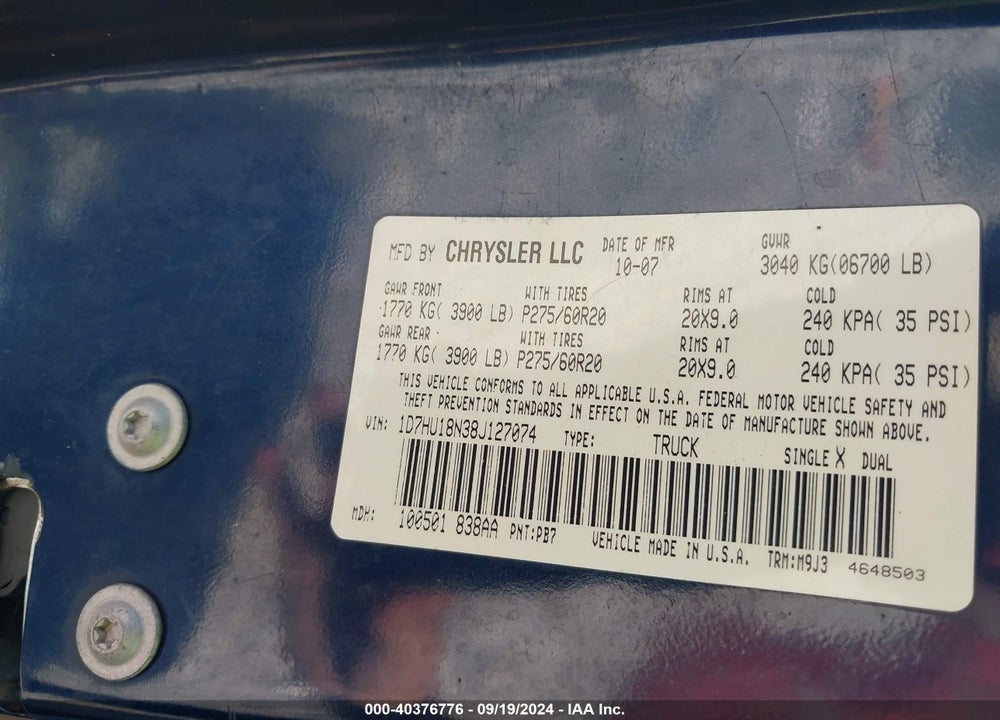2008 DODGE RAM 1500 VIN: 1D7HU18N38J127074
