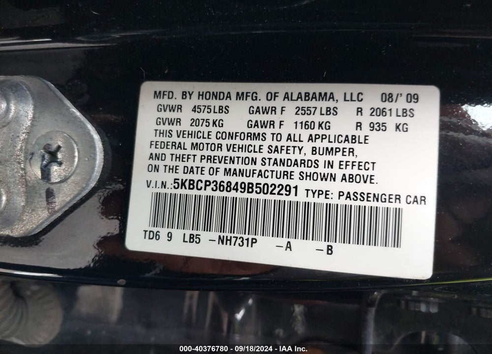 2009 HONDA ACCORD 3.5 EX-L VIN: 5KBCP36849B502291
