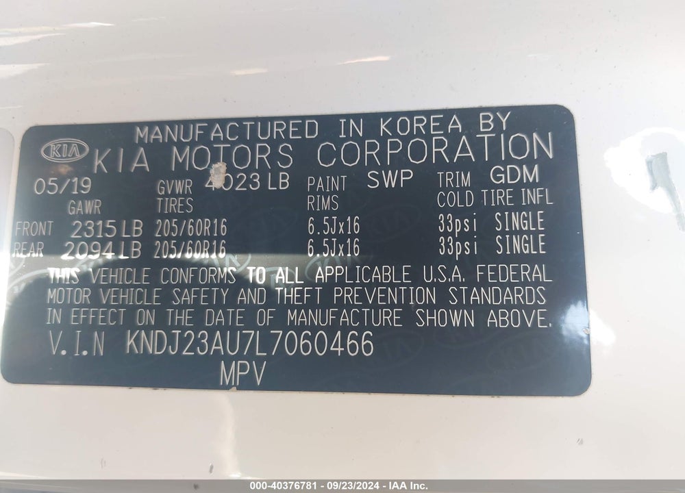 2020 KIA SOUL LX VIN: KNDJ23AU7L7060466