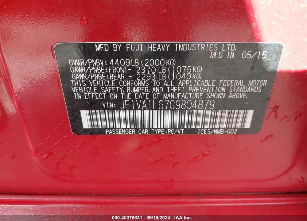 2016 SUBARU WRX LIMITED VIN: JF1VA1L67G9804879