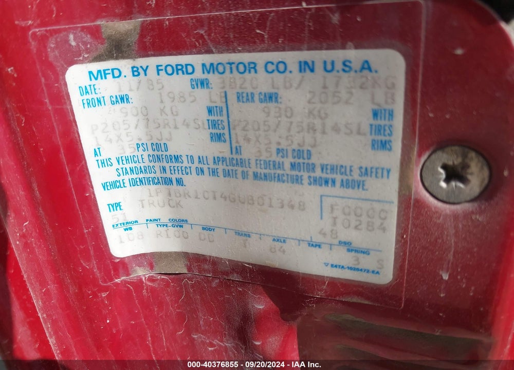 1986 FORD RANGER VIN: 1FTBR10T4GUB01348