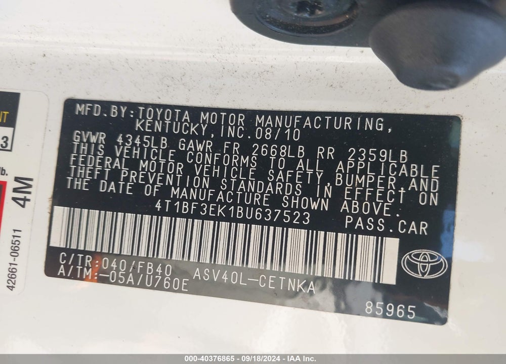 2011 TOYOTA CAMRY LE VIN: 4T1BF3EK1BU637523