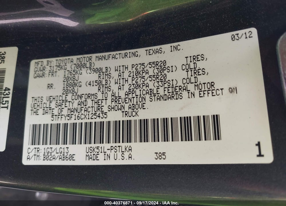 2012 TOYOTA TUNDRA LIMITED 5.7L V8 VIN: 5TFFY5F16CX125435