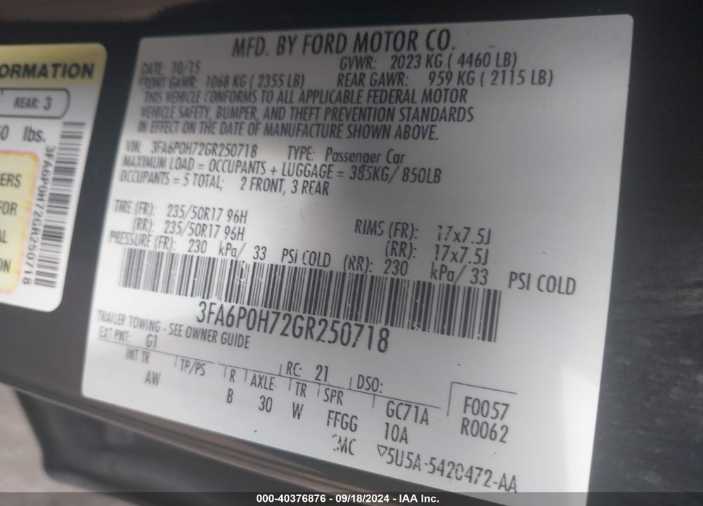 2016 FORD FUSION SE VIN: 3FA6P0H72GR250718