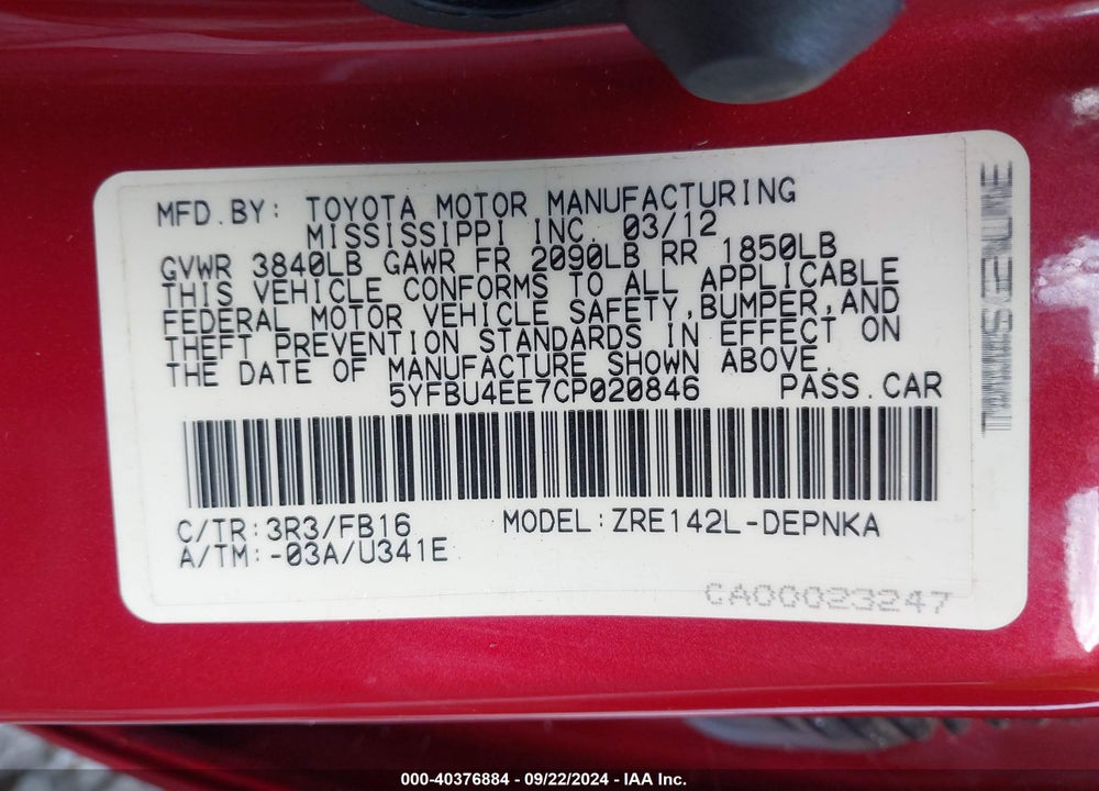 2012 TOYOTA COROLLA LE VIN: 5YFBU4EE7CP020846