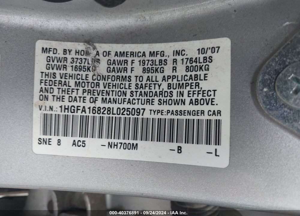 2008 HONDA CIVIC EX VIN: 1HGFA16828L025097