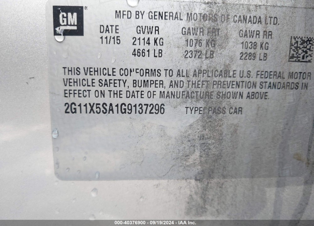 2016 CHEVROLET IMPALA 1FL VIN: 2G11X5SA1G9137296