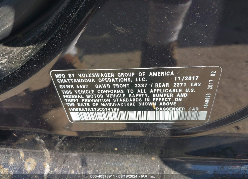 2018 VOLKSWAGEN PASSAT 2.0T SE VIN: 1VWBA7A37JC014188