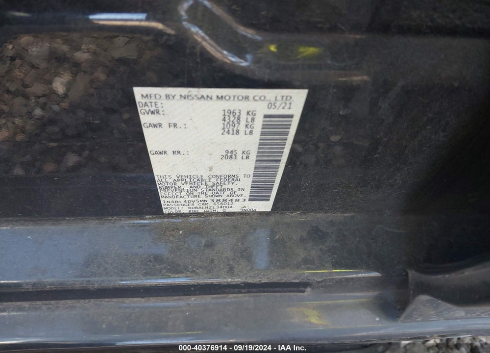 2021 NISSAN ALTIMA SV FWD VIN: 1N4BL4DV5MN388483