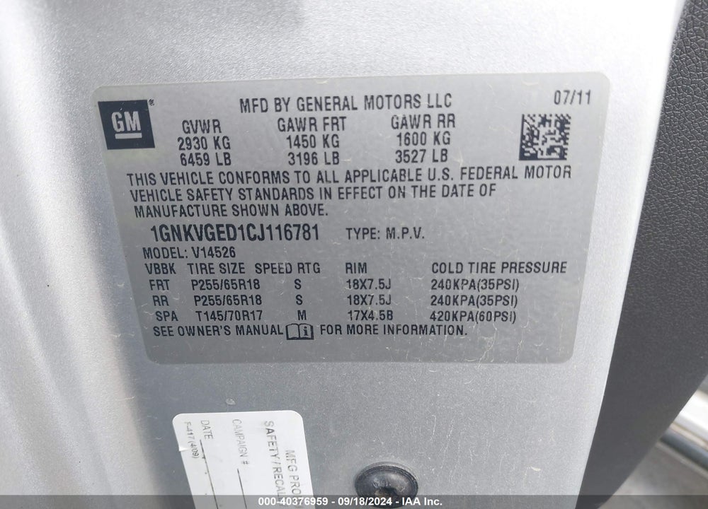 2012 CHEVROLET TRAVERSE 1LT VIN: 1GNKVGED1CJ116781