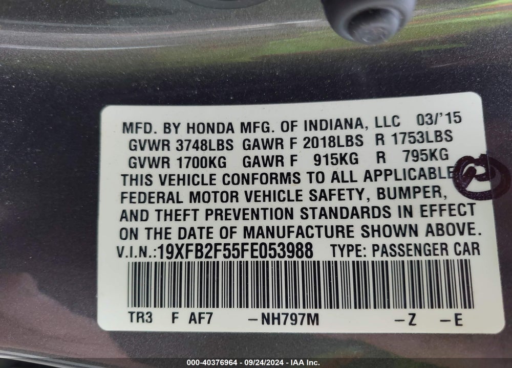 2015 HONDA CIVIC LX VIN: 19XFB2F55FE053988