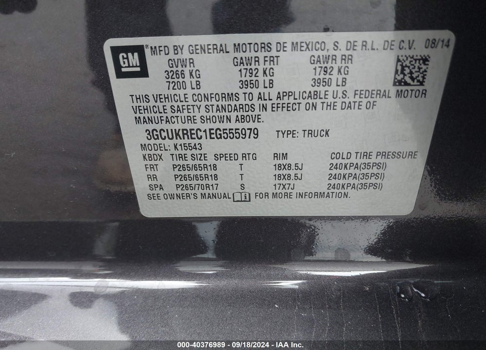 2014 CHEVROLET SILVERADO 1500 2LT VIN: 3GCUKREC1EG555979