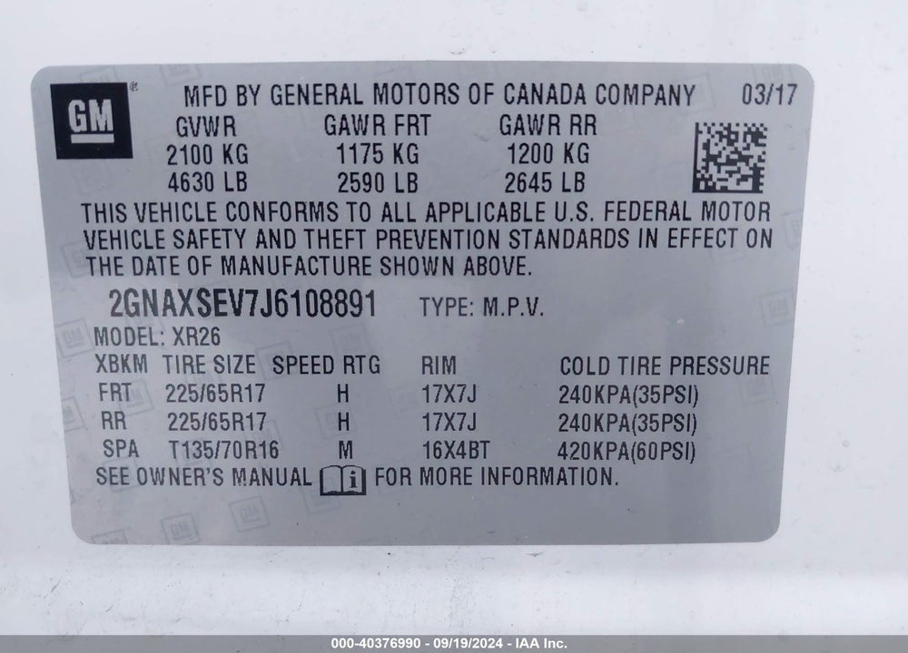 2018 CHEVROLET EQUINOX LT VIN: 2GNAXSEV7J6108891