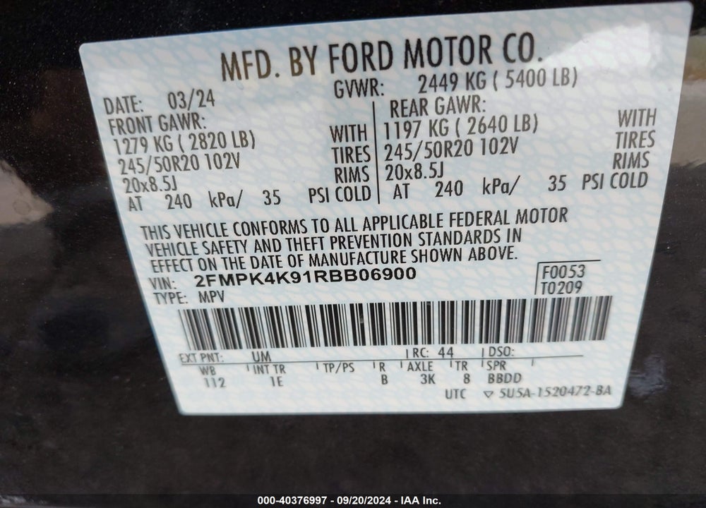 2024 FORD EDGE TITANIUM VIN: 2FMPK4K91RBB06900