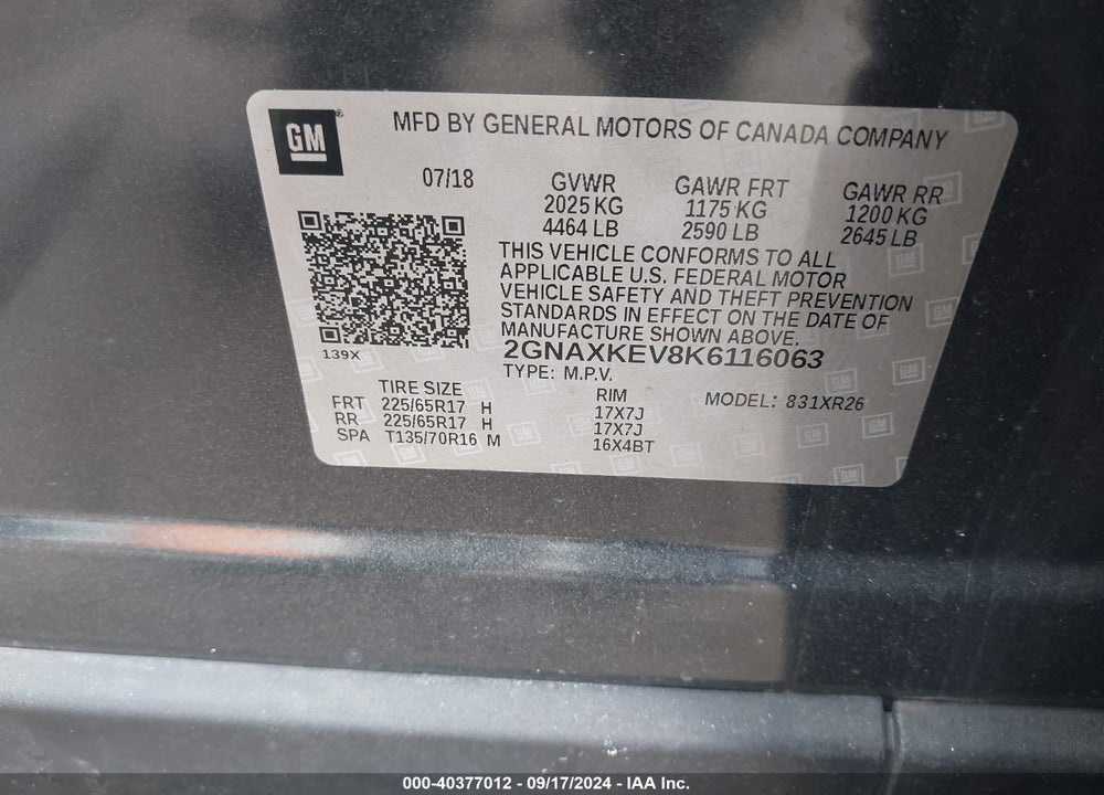 2019 CHEVROLET EQUINOX LT VIN: 2GNAXKEV8K6116063