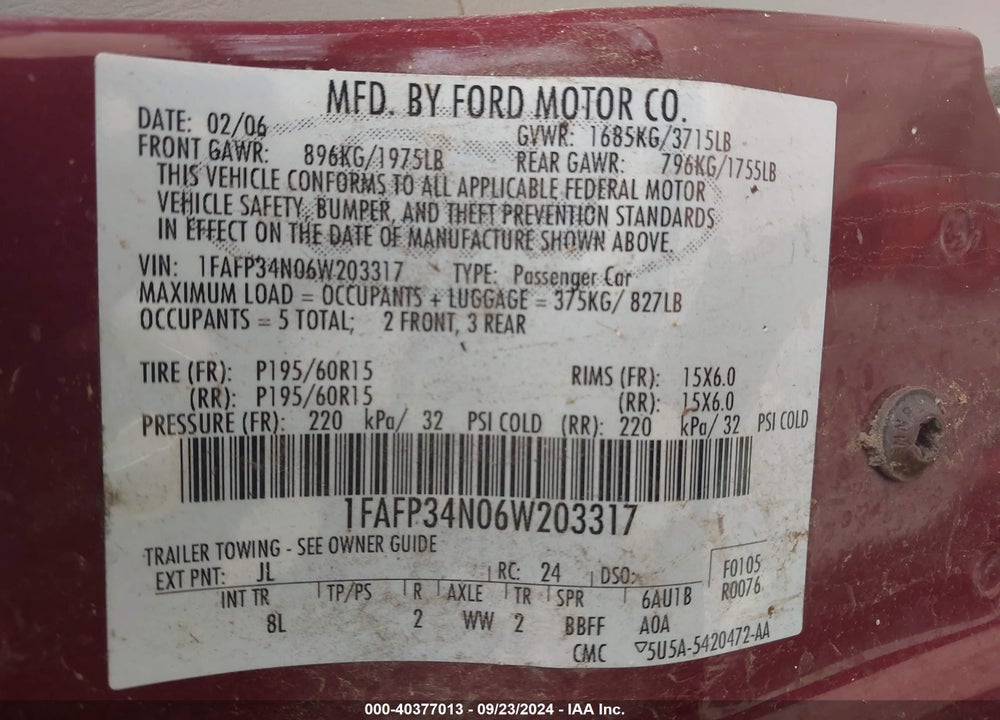 2006 FORD FOCUS ZX4 VIN: 1FAFP34N06W203317