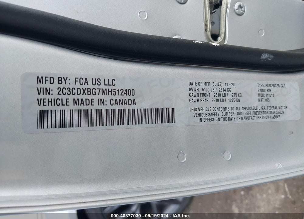 2021 DODGE CHARGER SXT RWD VIN: 2C3CDXBG7MH512400
