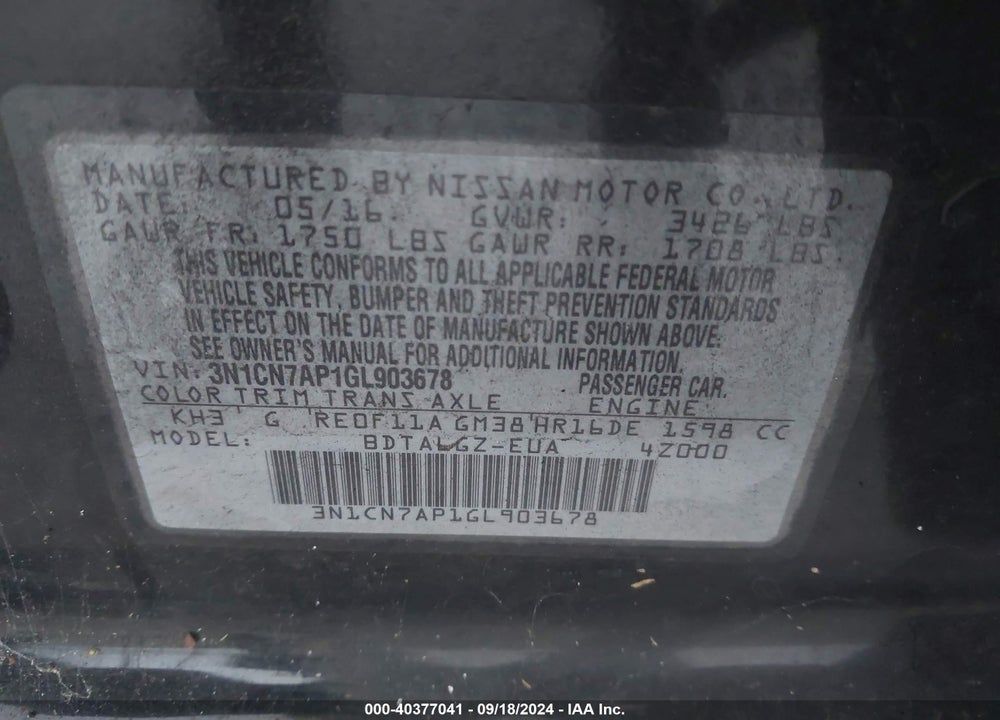 2016 NISSAN VERSA 1.6 SL VIN: 3N1CN7AP1GL903678