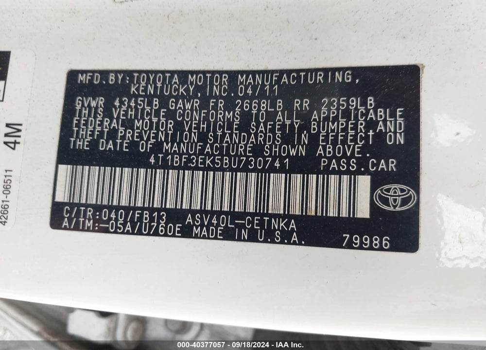 2011 TOYOTA CAMRY VIN: 4T1BF3EK5BU730741