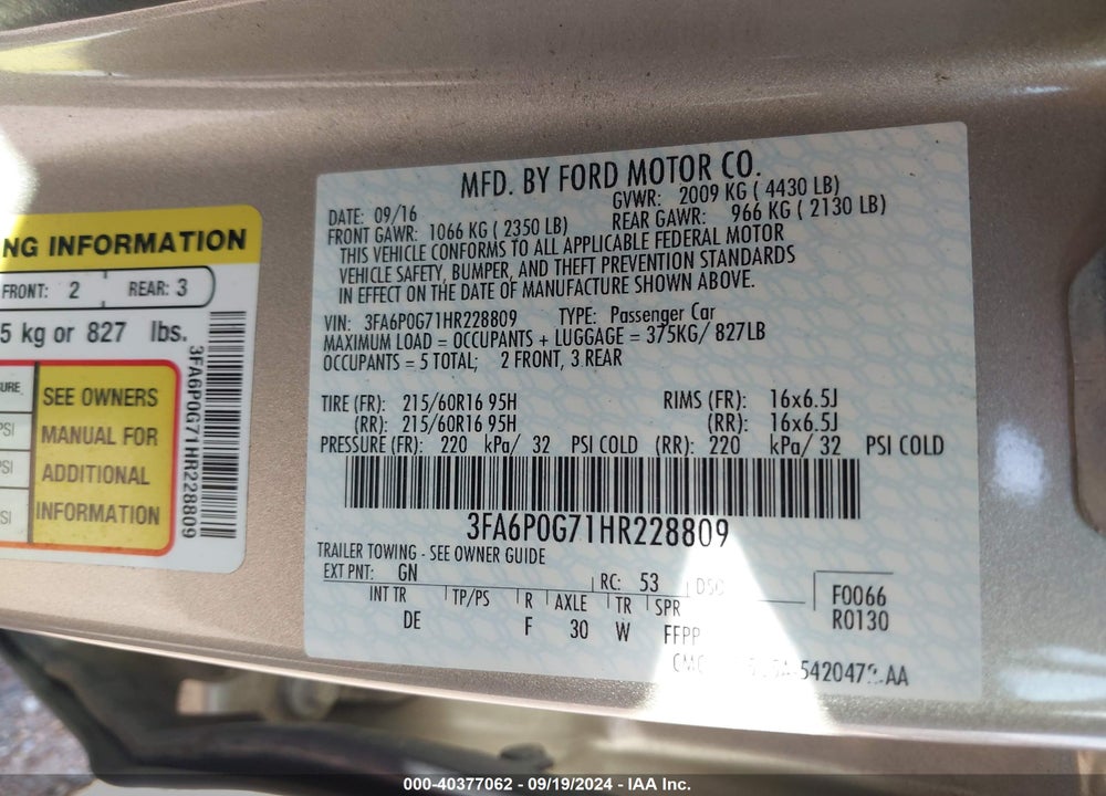 2017 FORD FUSION S VIN: 3FA6P0G71HR228809