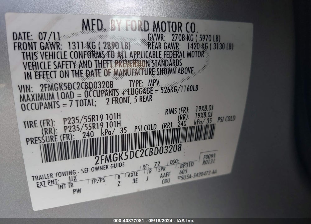 2012 FORD FLEX LIMITED VIN: 2FMGK5DC2CBD03208