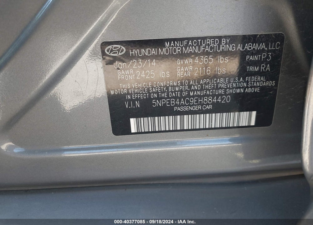 2014 HYUNDAI SONATA GLS VIN: 5NPEB4AC9EH884420