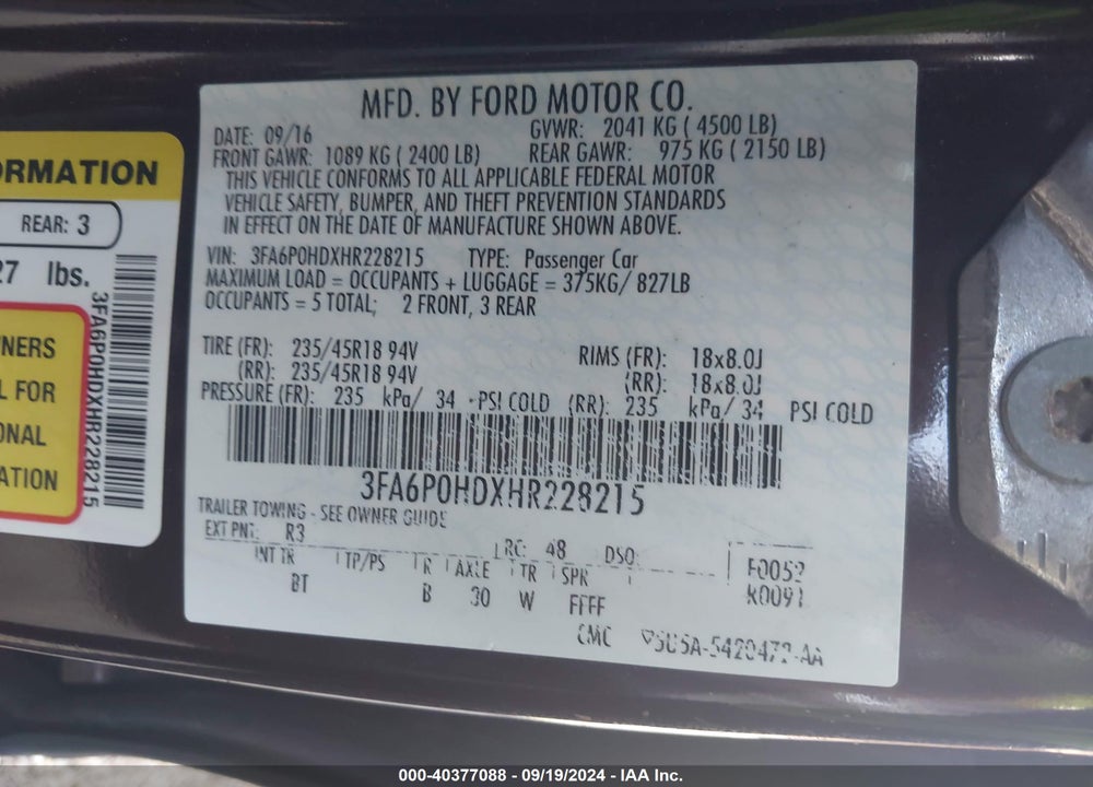2017 FORD FUSION SE VIN: 3FA6P0HDXHR228215