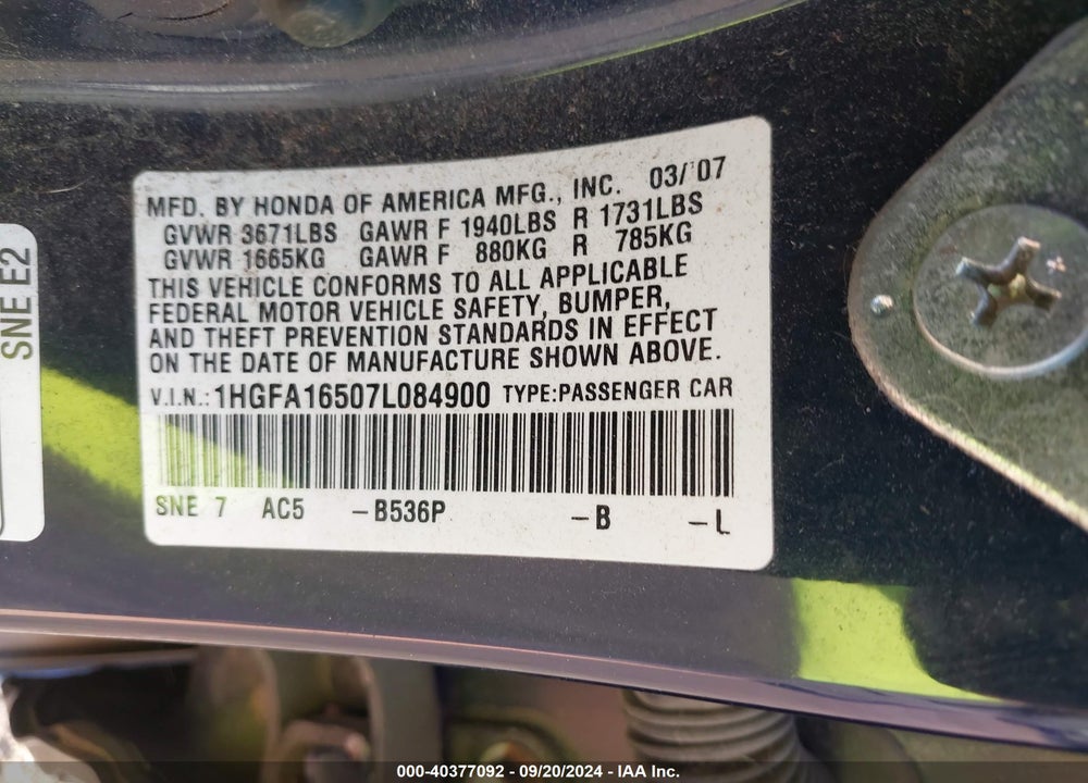 2007 HONDA CIVIC LX VIN: 1HGFA16507L084900