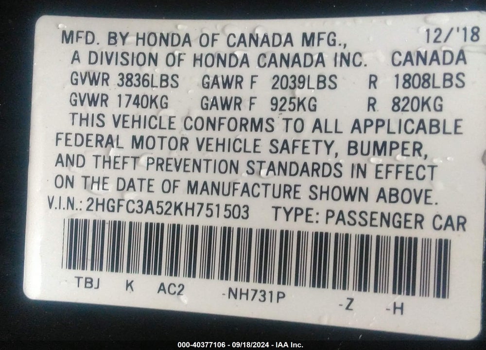 2019 HONDA CIVIC SI VIN: 2HGFC3A52KH751503