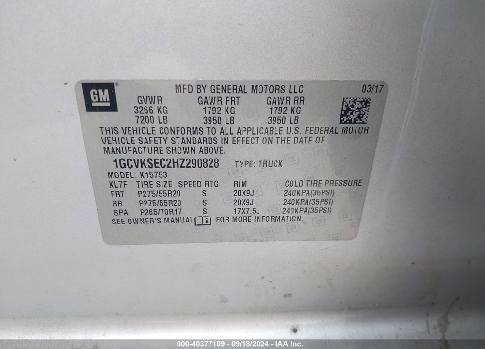 2017 CHEVROLET SILVERADO 1500 2LZ VIN: 1GCVKSEC2HZ290828