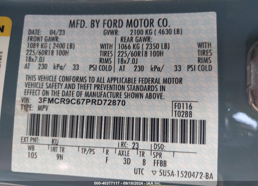 2023 FORD BRONCO SPORT OUTER BANKS VIN: 3FMCR9C67PRD72870