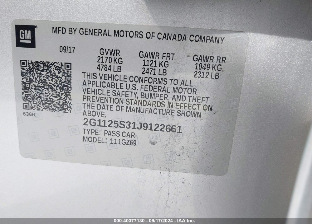 2018 CHEVROLET IMPALA 2LZ VIN: 2G1125S31J9122661