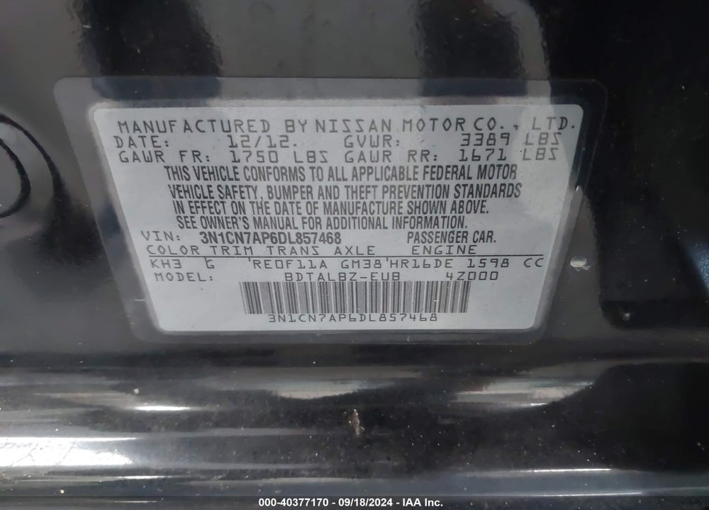 2013 NISSAN VERSA 1.6 SV VIN: 3N1CN7AP6DL857468