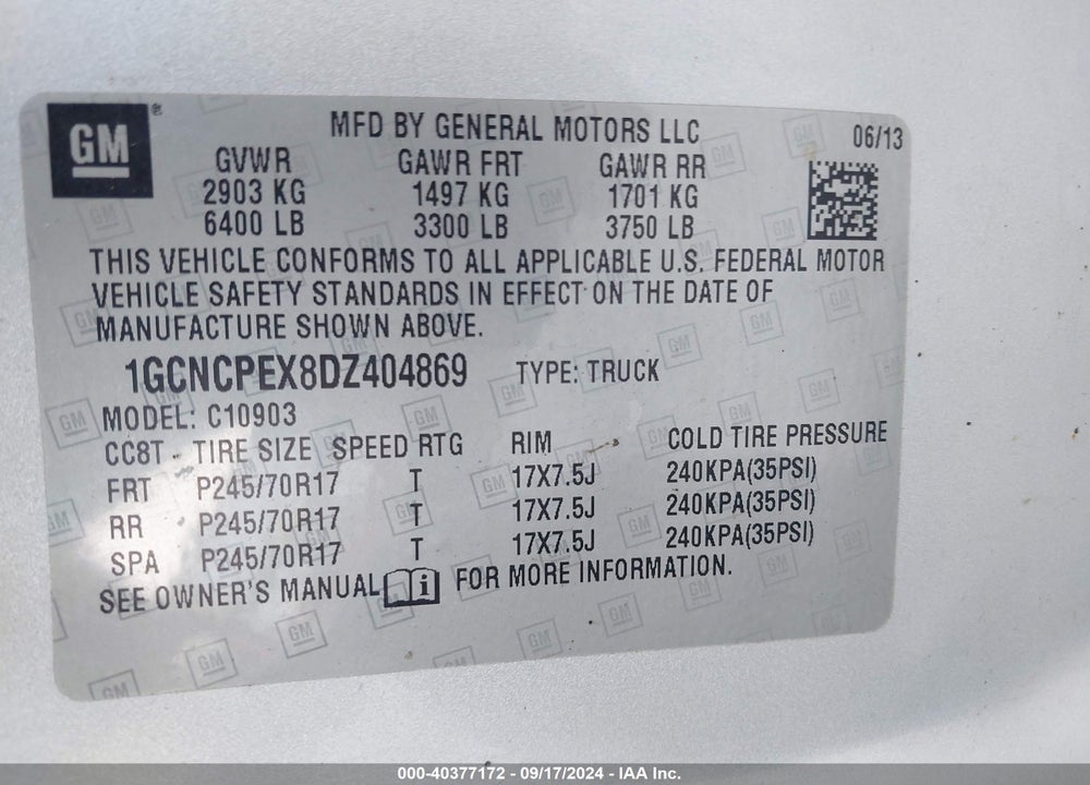 2013 CHEVROLET SILVERADO 1500 WORK TRUCK VIN: 1GCNCPEX8DZ404869