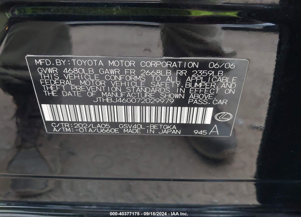 2007 LEXUS ES 350 VIN: JTHBJ46G072029979