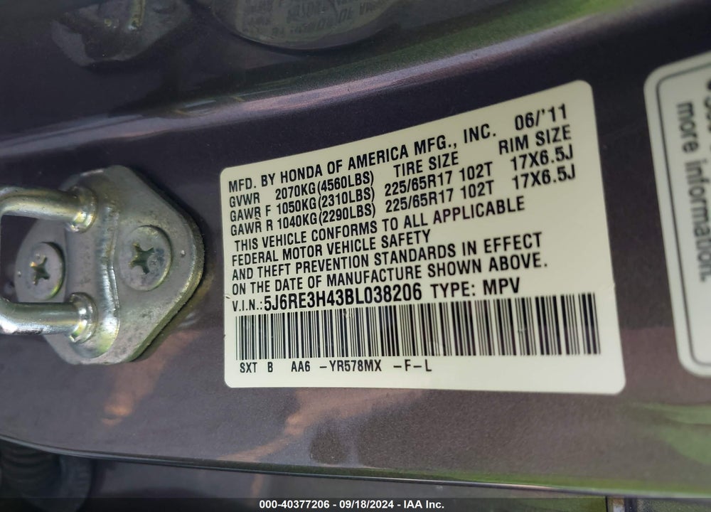2011 HONDA CR-V SE VIN: 5J6RE3H43BL038206