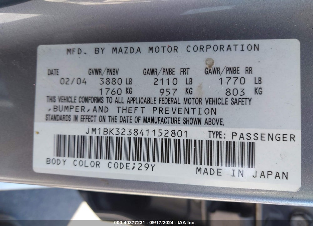 2004 MAZDA 3 S VIN: JM1BK323841152801