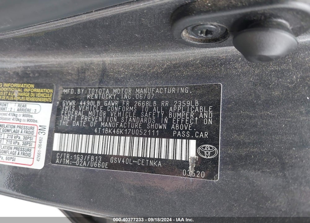 2007 TOYOTA CAMRY LE V6 VIN: 4T1BK46K17U052111