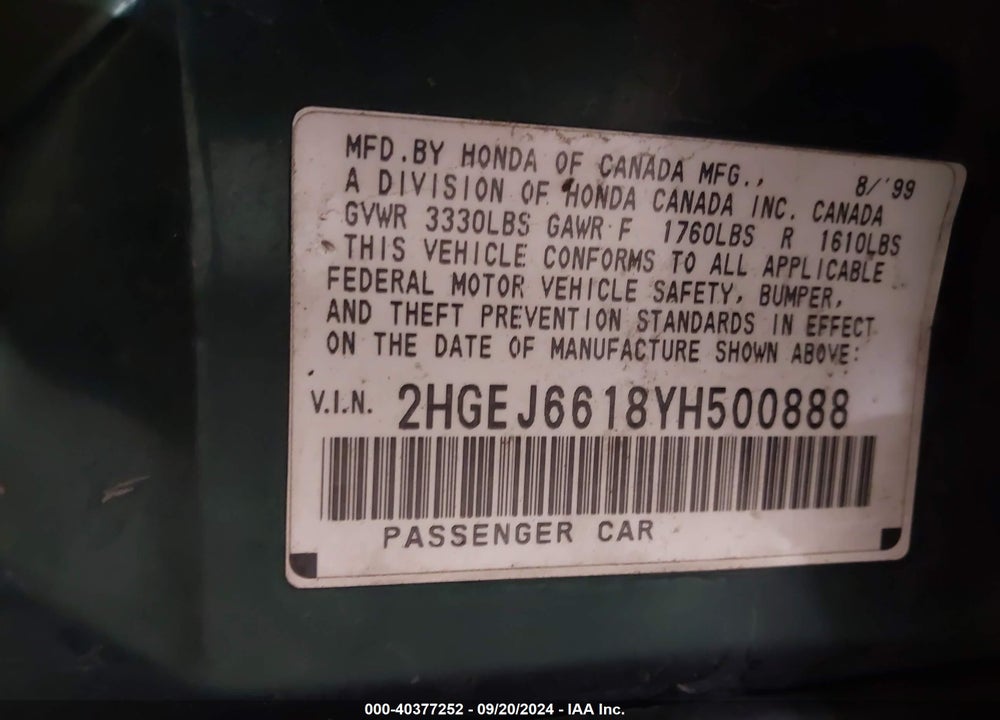 2000 HONDA CIVIC VALUE PACKAGE VIN: 2HGEJ6618YH500888