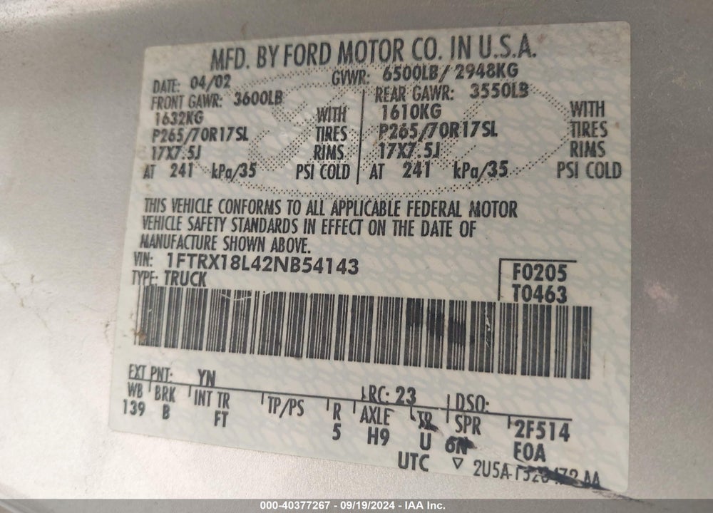 2002 FORD F-150 LARIAT/XL/XLT VIN: 1FTRX18L42NB54143