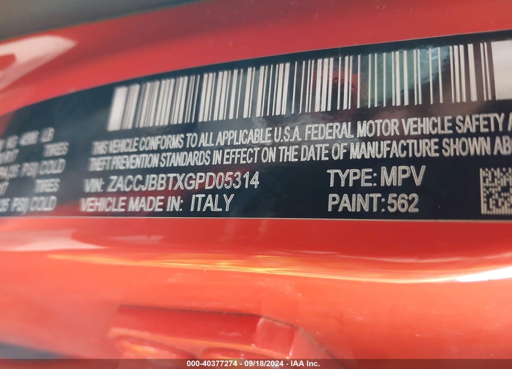 2016 JEEP RENEGADE LATITUDE VIN: ZACCJBBTXGPD05314