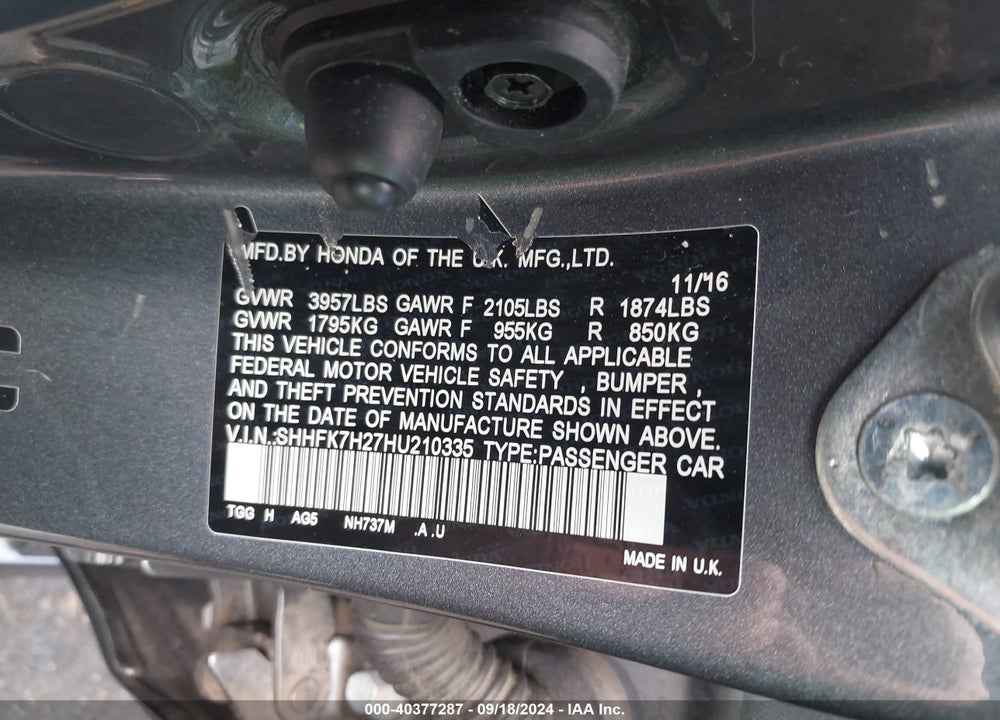 2017 HONDA CIVIC LX VIN: SHHFK7H27HU210335